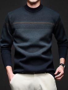 Men Striped Crew Neck Casual Minimalist Design Thick Knit Sweater, Winter, Long Sleeve Top