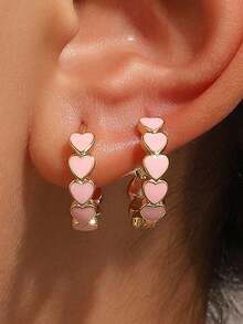 1pair Fashion Heart Shaped Clip-On Earrings, Suitable For Women/Girls Daily, Party, Wedding, Holiday Gift - 粉色 - 查看 2