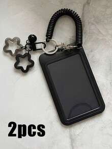 5个装可伸缩证件卡套，带铃铛和星星装饰，多功能卡包，带钥匙扣，适用于公交卡、校园卡、身份证、信用卡，耐用塑料保护套，带滑动盖和挂绳，适用于学生证、餐卡、公共交通卡和地铁卡，硬质卡套，证件套（5种颜色可选）