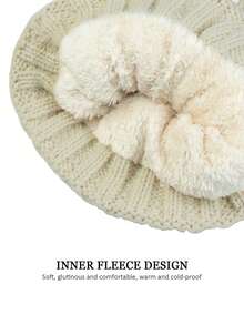 2pcs/Set Winter Knitted Beanie Hat With Thick Lining & Large Brim, Versatile Warm Solid Color Riding & Outdoor Hat And Gloves Set, European And American Style, For Women Winter Gear - Multicolor - View 3