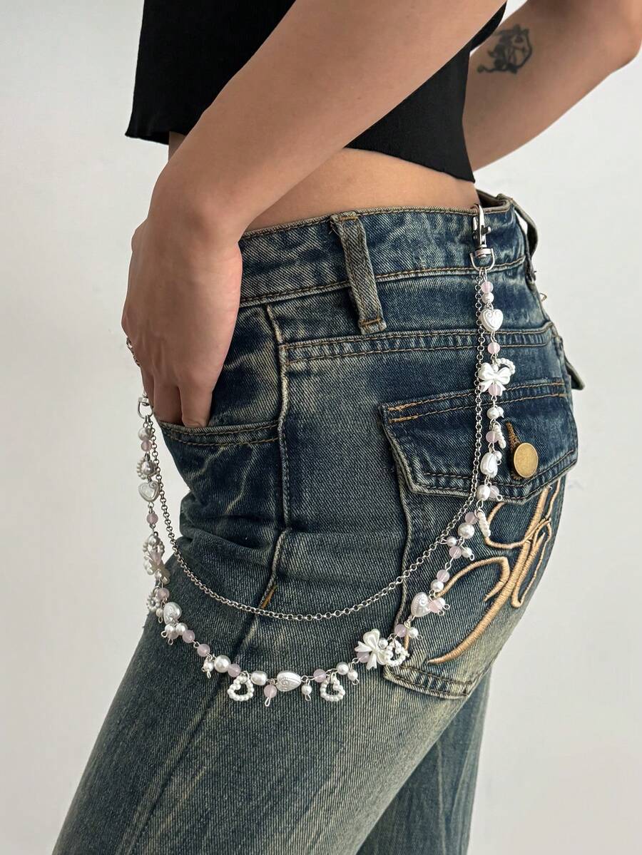 1pc Y2K Fashion Beaded Butterfly & Star Pendant Chain Belt, Simple & Elegant Acrylic Pearl Curved Needle Chain Street Style Accessory - Multicolor - View 1