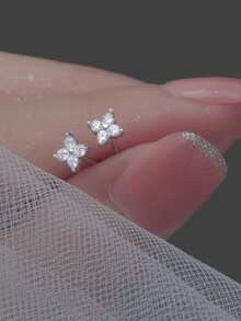 S925 Sterling Silver 18K Gold Mini Four-Leaf Clover Earrings, Sweet & Fresh Meteor Tassel Design For Women