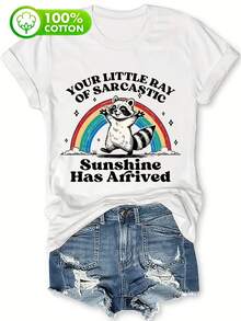 Mapache Mono & Gráfico de Arcoíris Camiseta - "Ha Llegado Tu Pequeño Rayo de Sol Sarcastico" - Camiseta de Manga Corta para Mujeres, Ligera y Transpirable, Ropa Casual | Impresión Juguetona | Camiseta Ligera - blanco - Ver 1