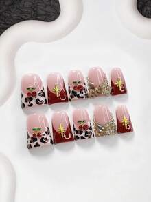 10pcs Handmade Leopard Print French Manicure Set, Autumn/Winter Press-On Nail Strips, Medium-Long Almond Shape Nail Stickers, Square Nails, Duck Billed Nails, Shiny Rhinestone False Nails, 3D Cherry, Hexagram, Star Nail Decorations, Includes Tool Kit, Suitable For Women And Girls, Party, Everyday Wear - Nhiều màu - Xem 9