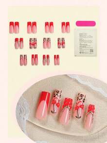 24pcs French Manicure Nail Stickers, Rectangular, 3D Line Art, Leopard Print Decor, Red Bow & Rhinestone Design, Smooth Surface, Full Coverage False Nails, Suitable For Women & Girls Daily Wear - Multicolor 2 - View 9