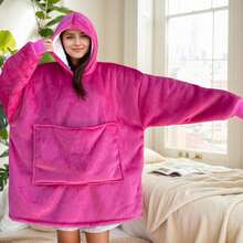1pc Flannel Blanket With Sleeves, Winter Hooded Sweatshirt, Wearable Blanket With Giant Pockets, 3 Pocket Entries On Left, Right And Top Sides, Suitable For Adults And Small Pets - Hot Pink - View 7