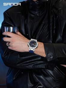 SANDA. SANDA 6312 New Steel Strip Sports Watch Dual Display Dual Movement 5ATM Waterproof Multi Functional Men's Electronic Watch - Blue - View 2