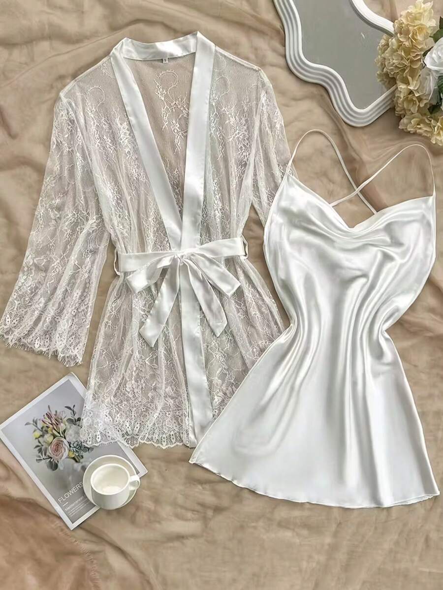 Bộ đồ ngủ hai mảnh ren chắp vá gợi cảm giả lụa bốn mùa dành cho nữ mùa thu đông - trắng - Xem 1