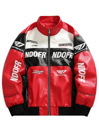 Chaqueta de cuero de manga larga con estampado gráfico y de letras, versátil y de moda para hombres