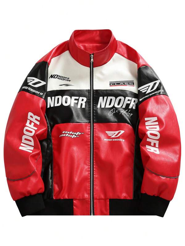 Chaqueta de cuero de manga larga con estampado gráfico y de letras, versátil y de moda para hombres