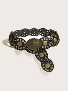 1pc Women's Bohemian Style Brown Patchwork Retro Metal Buckle Belt, Suitable For Dresses, Jeans, Music Festival & Commute Outfits Fall, Autumn, Halloween