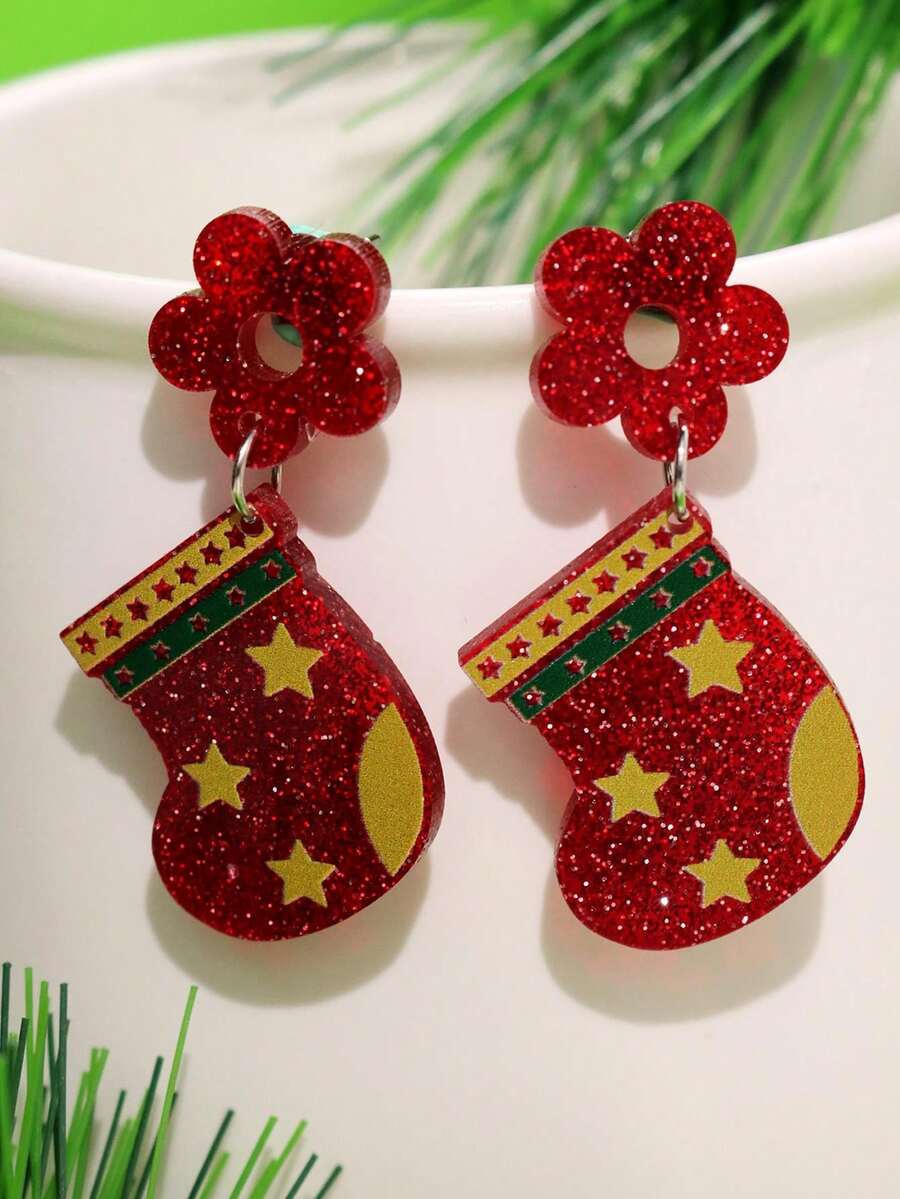 1 Pair Fashionable Creative Glitter Flower Socks & Acrylic Earrings Set, Versatile Accessory For Holiday Party, Casual Wear