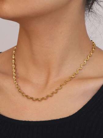 1 件链式项链 18K 镀金法式复古别致水波项链，配有可调节尾链，不褪色，高品质日常休闲旅行、毕业礼物、返校礼物、教师节礼物，适合女性