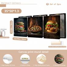 Set de 3 carteles de lienzo creativos sin marco, pintura de hamburguesa y pizza, pintura de lienzo, obra de arte de pared, adecuada para decoración del hogar, decoración de habitación, decoración de dormitorio, decoración de sala de estar, decoración de cocina, decoración de pared, arte de pared opcional con marco