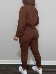 LovelyWholesale Bộ áo và quần dài tay có mũ, túi, kiểu dáng đơn giản, thường ngày dành cho nữ, thích hợp mặc mùa xuân. - Cà phê nâu - Xem 7