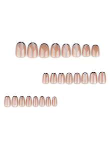 24片椭圆形美甲贴纸，简约咖啡色和黑色猫眼设计，优雅可重复使用，适合女性日常生活和旅行美甲。 - 彩色 - 查看 3