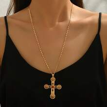1pc European & American Ins Style Alloy Colorful Gemstone Cross Pendant Necklace, Suitable For Women's Daily Wear