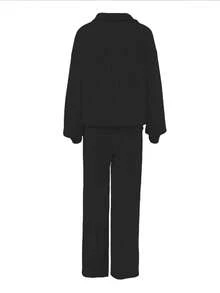 Plus Size Women 2 Pieces Outfit, Casual Sweatshirt And Wide Leg Pants Set, Pink, Suitable For Autumn/Winter, School, Outings Black - Black - View 6