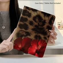 Funda protectora para tableta con estampado floral rojo y de leopardo audaz en un solo diseño - Ideal para individuos y amantes de la moda con accesorios de tableta con temática de moda, funda tipo folio protectora con soporte para bolígrafo