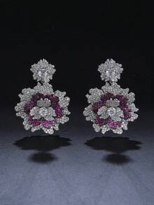 زوج من أقراط قلادة الزهرة الفاخرة من النحاس والزركونيا المكعبة، مناسبة للملابس الرسمية والحفلات والسهرات - إسقاط الأقراط - مشاهدة 5