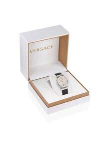 Versace Reloj de pulsera de cuarzo con correa de cuero elegante para mujer con caja de acero inoxidable para regalo de dama con esfera dorada - Negro - Ver 8