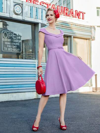 Retro 1950s Vintage Peter Pan Boat Neckline High Waist Cocktail Formal Swing Dresses