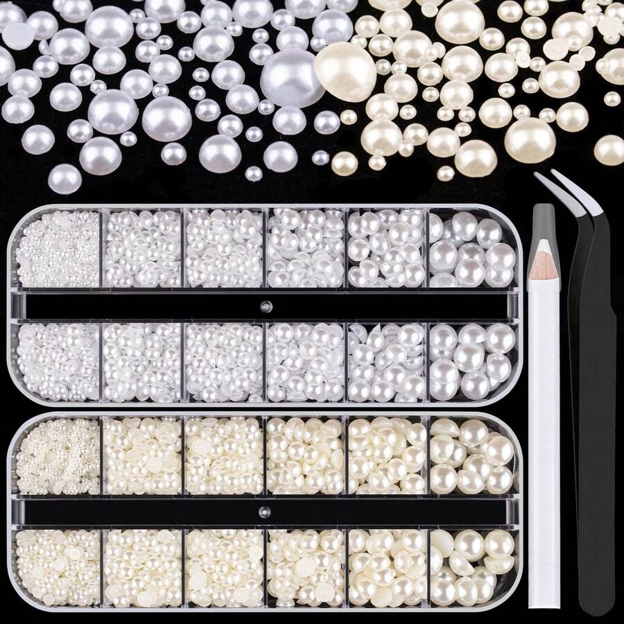 2700pcs Flat Pearl Set, 1 Box Flat White Small Semi-Round Pearls With Pickup Pen And Tweezers, For Graduation Cap Decoration DIY And Handcraft - 12-grid Resin Pearls - View 1
