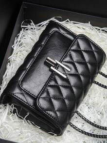 优雅女士单肩包，配链条肩带，绗缝PU斜挎包，奢华简约腋下包，轻便，商务休闲迷你金属锁扣绗缝翻盖链条单肩包，手拿包，简约手拿包，经典款式，皮革小包，派对包，适合女演员、女士、情人节旅行、工作和办公场合。 - 黑色 - 查看 3