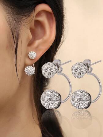 1 对时尚女士水晶球环状耳环 - 双面密钉耳钉 - 闪亮珠宝礼物