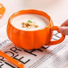 1pc Ceramic Pumpkin Shaped Mug With Lid And Spoon, Reusable Insulated Cup For Hot And Cold Drinks, Hand Wash Only, 2 Colors (Orange And White), Suitable For Home, Office, Breakfast, Summer And Winter, Coffee Shop Accessory, Seasonal Beverage, Holiday Drink, Durable Coffee Cup - Multicolor - View 14