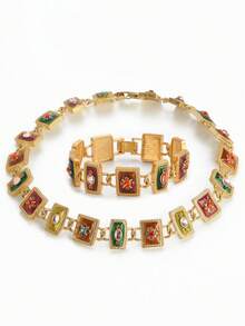 Conjunto de joyería vintage con acabado envejecido de collar y pulsera de cobre chapado en oro de 18K con diseño geométrico cuadrado de esmalte en relieve, accesorios para bodas