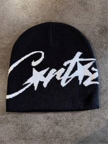 1 pieza Gorro de punto con letra de nicho, accesorio de cabeza cálido unisex adecuado para uso casual, calle, parejas, estudiantes en otoño/invierno