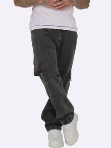 Men's Marbled Cargo Jeans Without Lycra, Drawstring Waist - Black - View 4