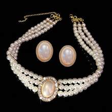 3pcs/5pcs Vintage Palace Style Earrings & Necklace Set, Faux Pearl Choker Necklace, Bridal Collar Necklace - Gold - View 2