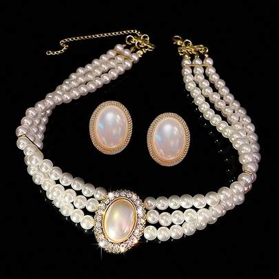 3pcs/5pcs Vintage Palace Style Earrings & Necklace Set, Faux Pearl Choker Necklace, Bridal Collar Necklace
