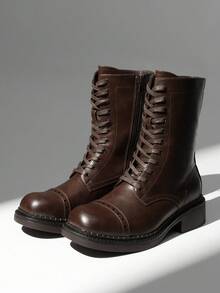 DREAM PAIRS Women's Mid-Calf Boots Fashion Motorcycle Boots Square Toe Lace-Up Riding Chocolate Brown Boots - 巧克力棕 - 查看 2