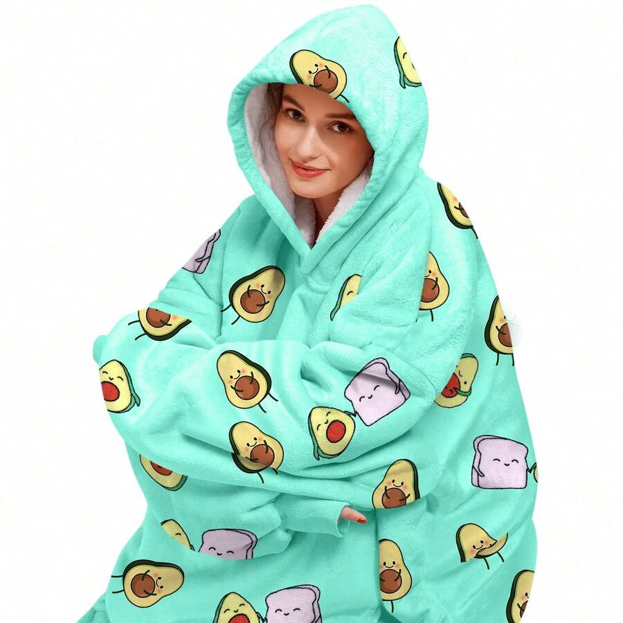 1 Pcs Oversized Wearable Blanket Hoodie, Super Soft, Large Pocketed Design Wearable Hoodie Blanket Pocket, Warm Cozy Sweatshirt For Women Men, Perfect For Lounging & Gifting, Ideal For  Christmas Valentine's Day Winter Relaxing & Daily Wear - 酪梨 - 查看 1