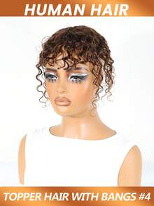 شعر طبيعي موجي مع غرة، شعر بشري أصلي ريمي مجعد موجي باللون البني الرقم 4، تاج شعر مصنوع يدويًا، إكسسوارات شعر مقصوصة للنساء للاستخدام اليومي سهلة الارتداء