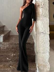 Women's Sexy Elegant Asymmetric Shoulder High Waist Black Jumpsuit | Sexy, Slim-Fit, Elegant, Suitable For Parties, Casual Wear, And Nightclub Outfits - Black - View 3