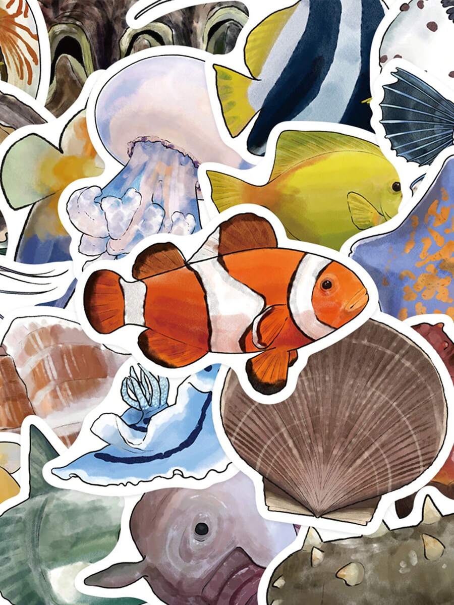 50pcs Deep-Sea Fish Stickers For Notebooks, Diaries, And Phone Cases - Multicolor - View 1
