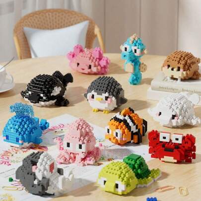 Set de 12 piezas de bloques de construcción de animales marinos, serie de bloques de animales DIY, decoración de escritorio, alivio del estrés, decoración del hogar, adorno de oficina, regalo para cumpleaños, Día del Padre, Día de la Madre, boda, gtalla grandeuación, más de 2500 partículas