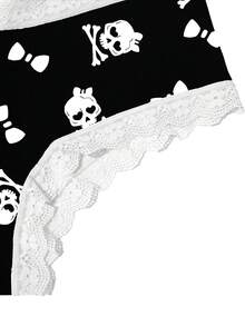 3件套豹纹、骷髅和字母印花蕾丝拼接女士低腰内裤 - 灰色 - 查看 3