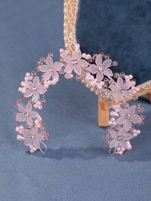 1 Phụ kiện cài tóc cô dâu phong cách Hàn Quốc, hoa pha lê Acrylic thủ công và vòng ngọc trai cho bé gái - Hồng - Xem 1