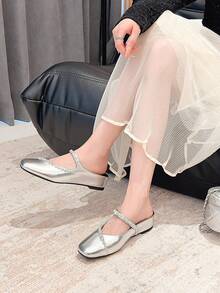 Women's Rhinestone Embellished T-Strap Flat Shoes, Versatile & Commuter-Friendly With Hidden Wedge Heel - Silver - View 4