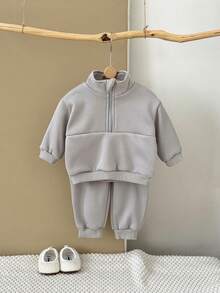 2pcs/Set Baby Boy Casual Solid Dark Gray Long Sleeve Stand Collar Zip-Up Fleece Hoodie And Pants, Autumn/Winter - Dark Grey - View 4