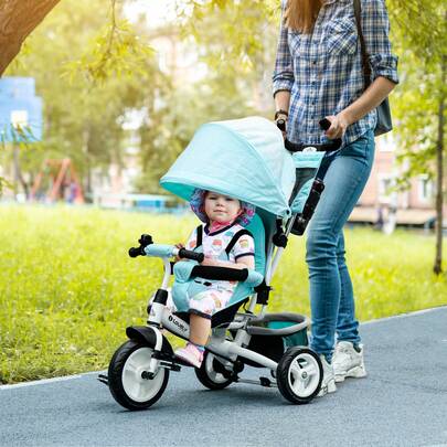 QABA 1 tricycle pour tout-petits 6 en 1, tricycle pour enfants avec auvent pliable, poignée et housse de poussée pour parents amovibles, panier de rangement, ceinture de 5 points, pour enfants de 1 à 5 ans, vert