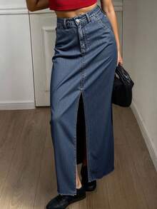 Livesso 女士休闲A字牛仔裙，带口袋和侧开衩 - 藍色 - 查看 2