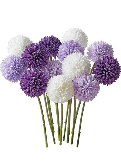 9支人造菊花球混合3色蒲公英绣球花束，可作礼物送给朋友，也可用于新娘婚礼、家居、办公室、咖啡馆、派对、婚礼装饰等场合。