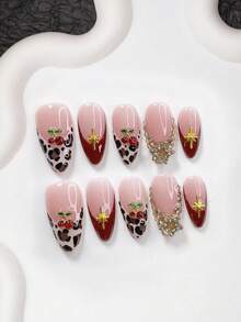 10pcs Handmade Leopard Print French Manicure Set, Autumn/Winter Press-On Nail Strips, Medium-Long Almond Shape Nail Stickers, Square Nails, Duck Billed Nails, Shiny Rhinestone False Nails, 3D Cherry, Hexagram, Star Nail Decorations, Includes Tool Kit, Suitable For Women And Girls, Party, Everyday Wear - Nhiều màu - Xem 3