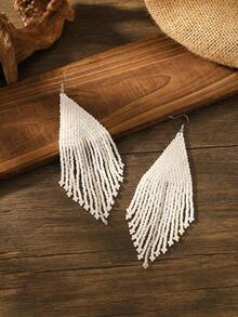 Bead Tassel Drop Earrings - trắng - Xem 2